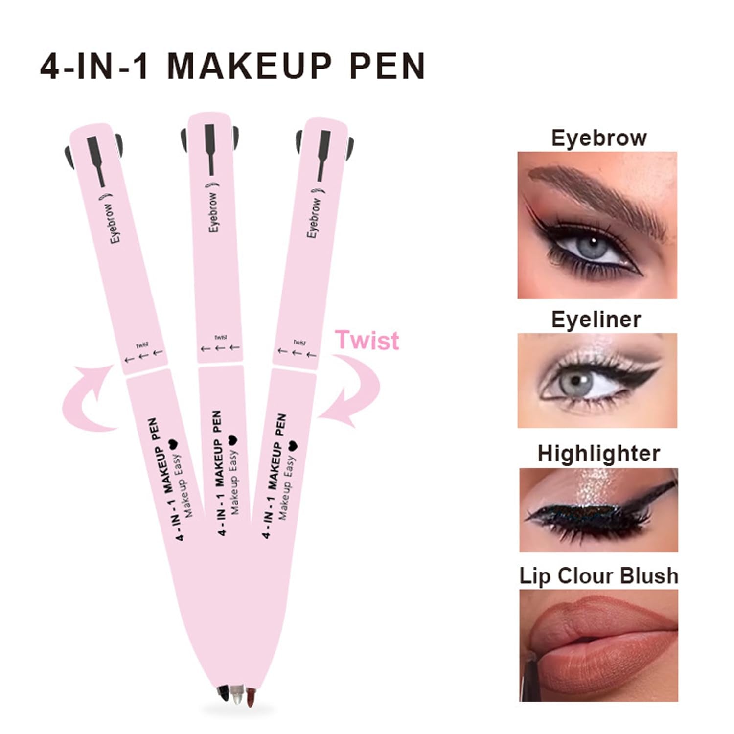 4-In-1-Make-Up-Stift: Eyeliner, Augenbrauenstift, Lippenkonturstift, Textmarker – Alles in Einem, Wasserfest, Für Die Augen, 4 Farben Langlebig (Pink)