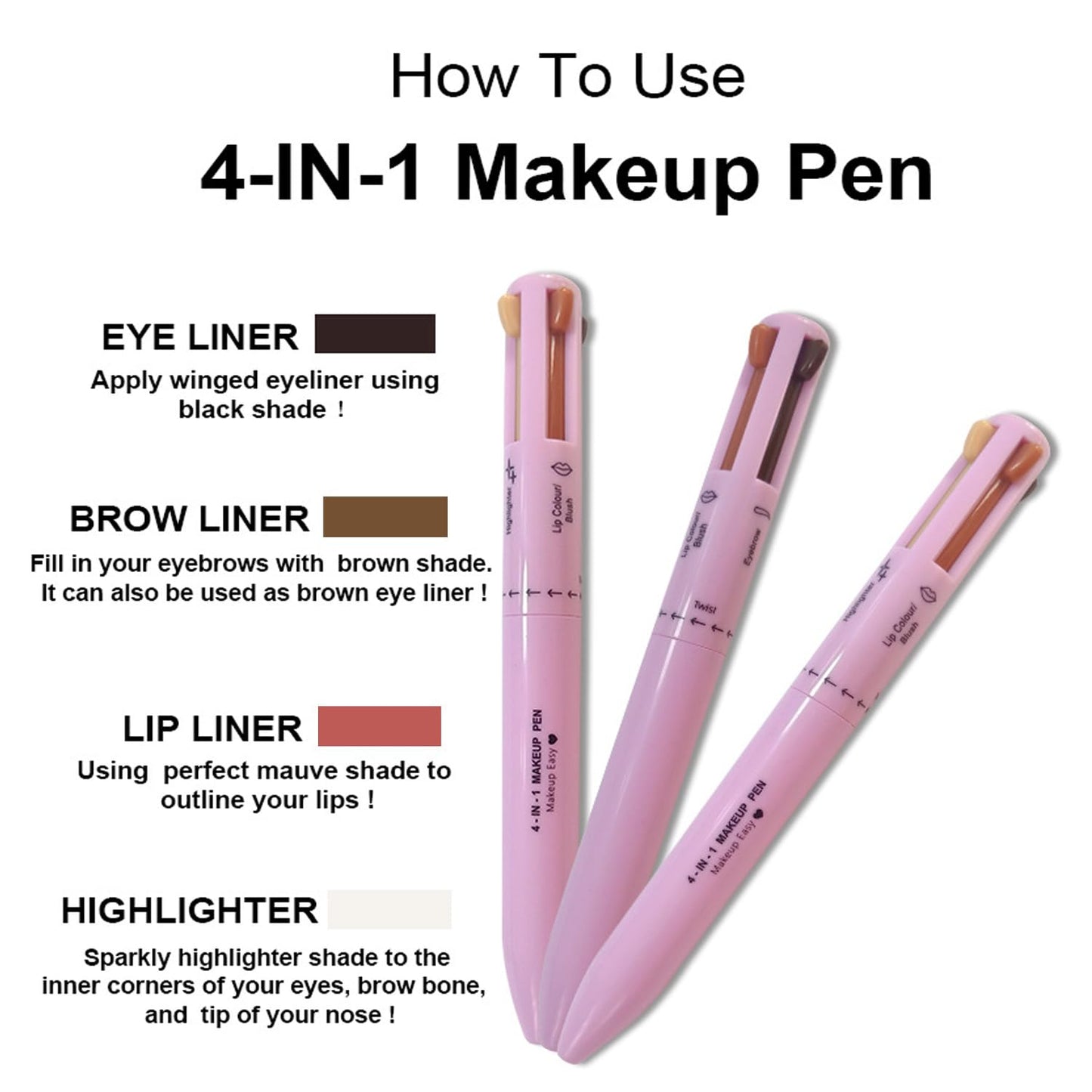 4-In-1-Make-Up-Stift: Eyeliner, Augenbrauenstift, Lippenkonturstift, Textmarker – Alles in Einem, Wasserfest, Für Die Augen, 4 Farben Langlebig (Pink)