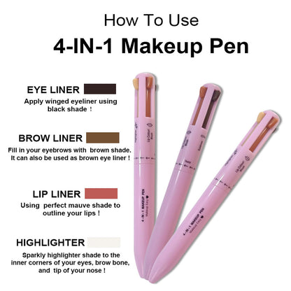 4-In-1-Make-Up-Stift: Eyeliner, Augenbrauenstift, Lippenkonturstift, Textmarker – Alles in Einem, Wasserfest, Für Die Augen, 4 Farben Langlebig (Pink)