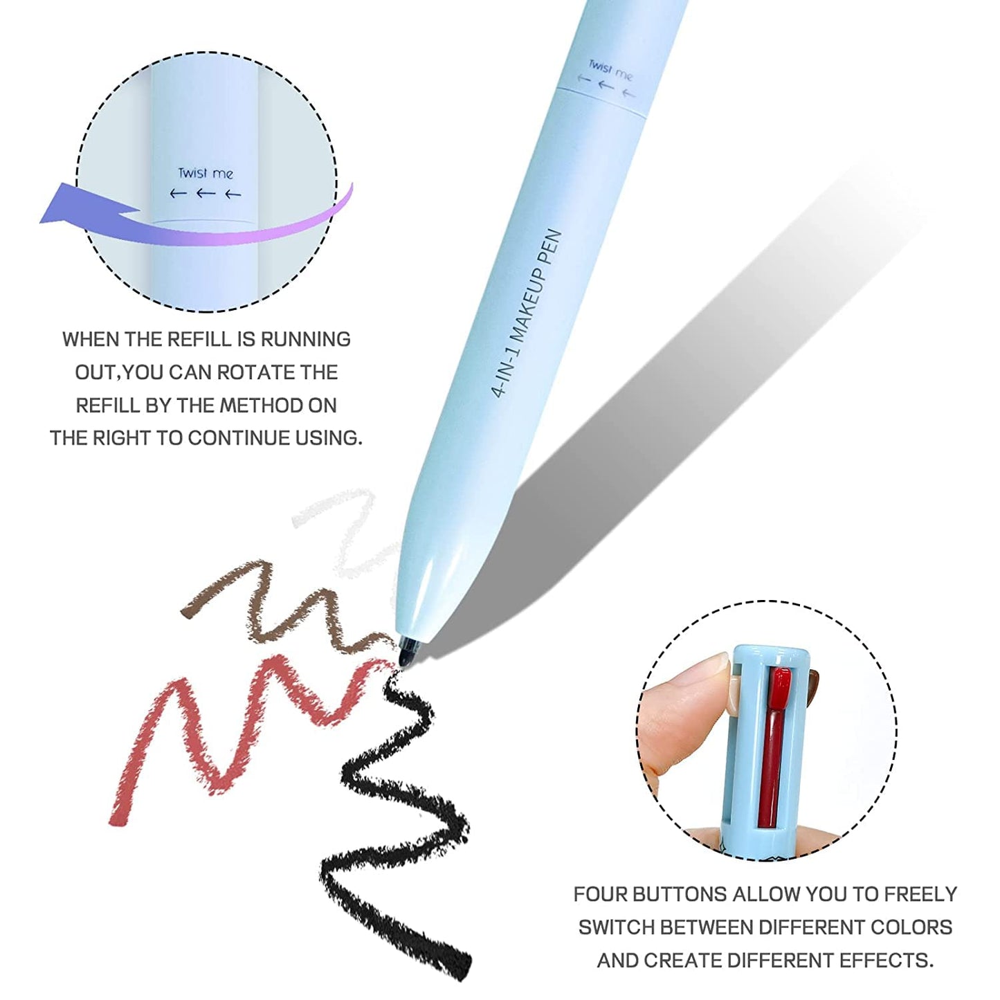 4-In-1-Makeup-Stift, Eyeliner, Brow Liner, Lip Liner & Highlighter-Stift, Wasserfester, Langanhaltender All-In-One-Makeup-Stift, Eyeliner, Augenbrauenstift, Lippenkonturenstift Und Textmarker (#Blau)