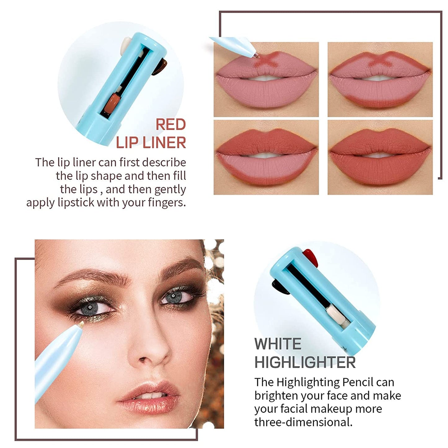 4-In-1-Makeup-Stift, Eyeliner, Brow Liner, Lip Liner & Highlighter-Stift, Wasserfester, Langanhaltender All-In-One-Makeup-Stift, Eyeliner, Augenbrauenstift, Lippenkonturenstift Und Textmarker (#Blau)